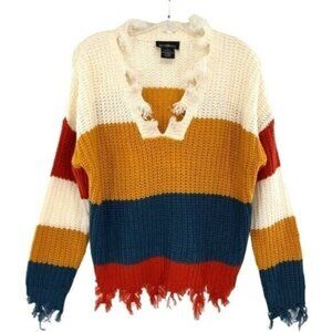 Runway 7 Frayed Knit Colorblock Sweater
